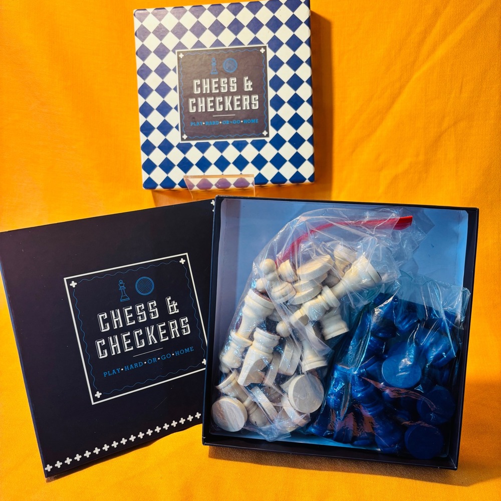 Chess & Checkers 2-in-1 Board Game Set Blue White Pieces Bell & Curfew - Picture 5 of 10
